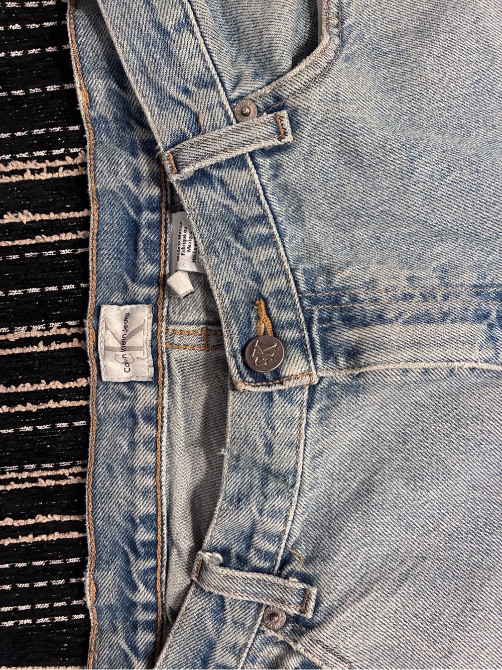 Calvin Klein Light Blue Denim Shorts with Leather Patch - Picture 2 of 8